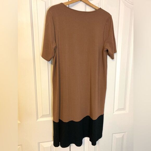 ❤️ J.Jill Wearever Rayon Stretch Brown Brown Block Print Short Sleeve Dress L - Picture 7 of 9